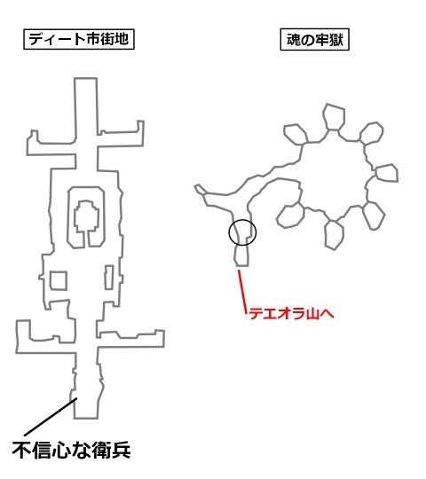迷イ人不信心な衛兵の場所と目的地を記したマップ