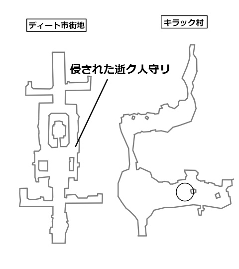迷イ人侵された逝ク人守リのいる場所と目的地を記したマップ